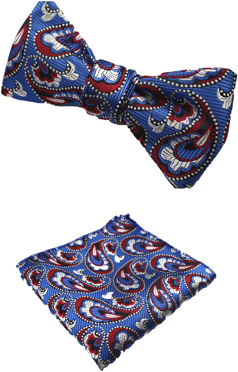 Blue, Red Paisley Bow Tie And Pocket Square - Silk (871x1280), Png Download