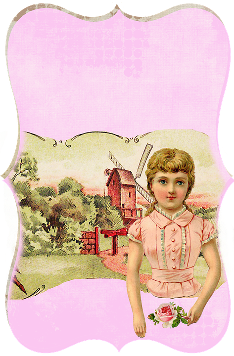 Label, Vintage, Girl, Mill, Landscape, Paper, Child - Illustration (473x720), Png Download