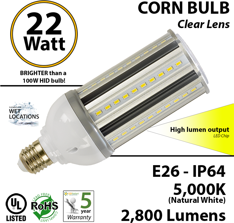 100w Hid Replacement Bulb 24 Watt Led Corn Light 2800lm - Fluorescent Lamp (800x807), Png Download