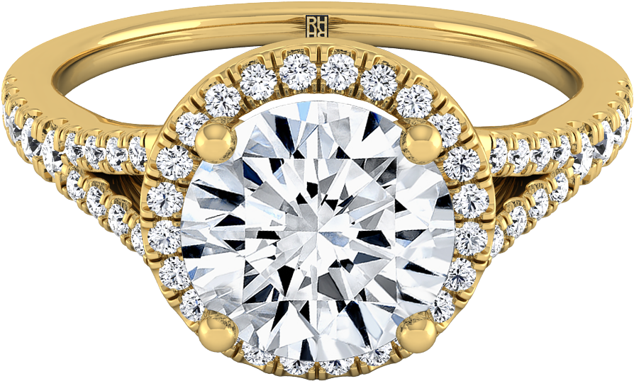 Round Diamond Halo Engagement Ring With 18k Yellow - Princess Cut Engagement Ring Diamond Gold (1200x1200), Png Download
