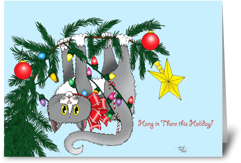 Christmas Tree Cat Greeting Card - Christmas Tree (848x698), Png Download