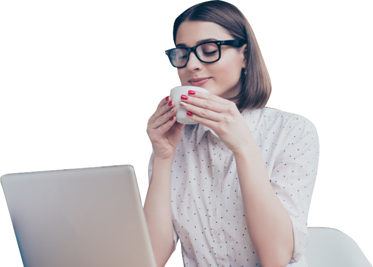 Woman Using Computer Laptop Enjoy Coffee - Girl (760x545), Png Download