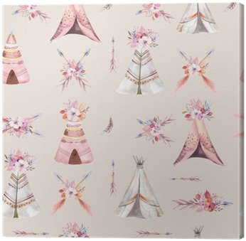 Hand Drawn Watercolor Tribal Teepee Seamless Pattern, - Tipi (400x400), Png Download