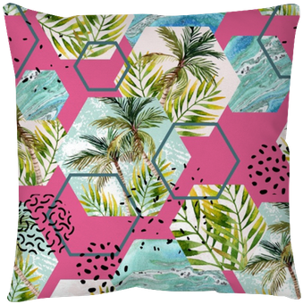 Watercolor Tropical Leaves And Palm Trees In Geometric - Obraz W Ramie Palma Liść F1baa120x80-2897 (400x400), Png Download