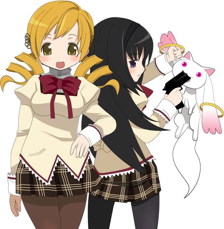 Akemi Homura, Kyubey, And Tomoe Mami Drawn By - Cartoon (800x800), Png Download