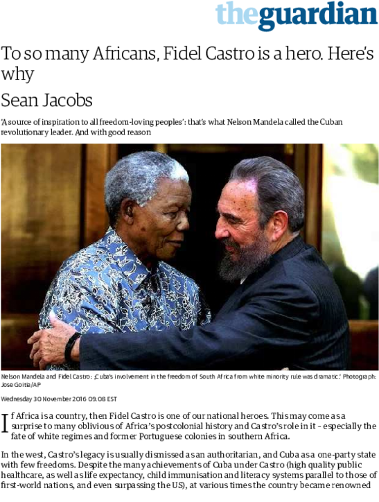 To So Many Africans, Fidel Castro Is A Hero - Guardian Co Uk (600x776), Png Download