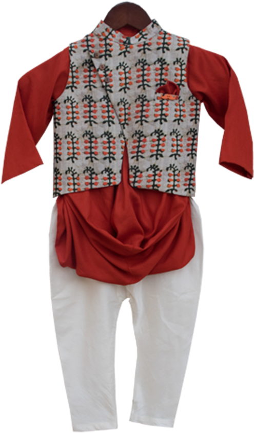 Red Kurta With Printed Nehru Jacket - Blouse (580x870), Png Download