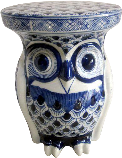 Ceramic Blue & White Owl Garden Stool Plant Stand - Owl (570x760), Png Download