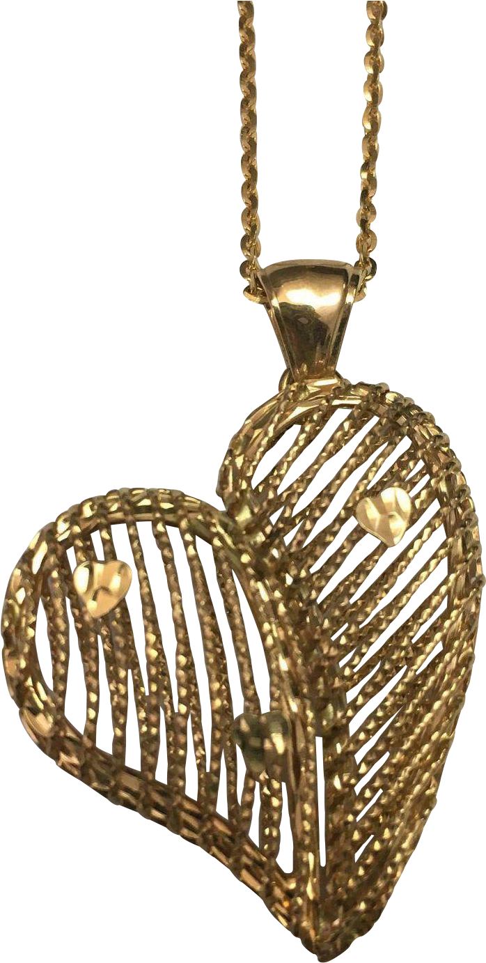 14 K Yellow Gold Fancy Wire Puffed Heart Necklace Found - Locket (1381x1381), Png Download