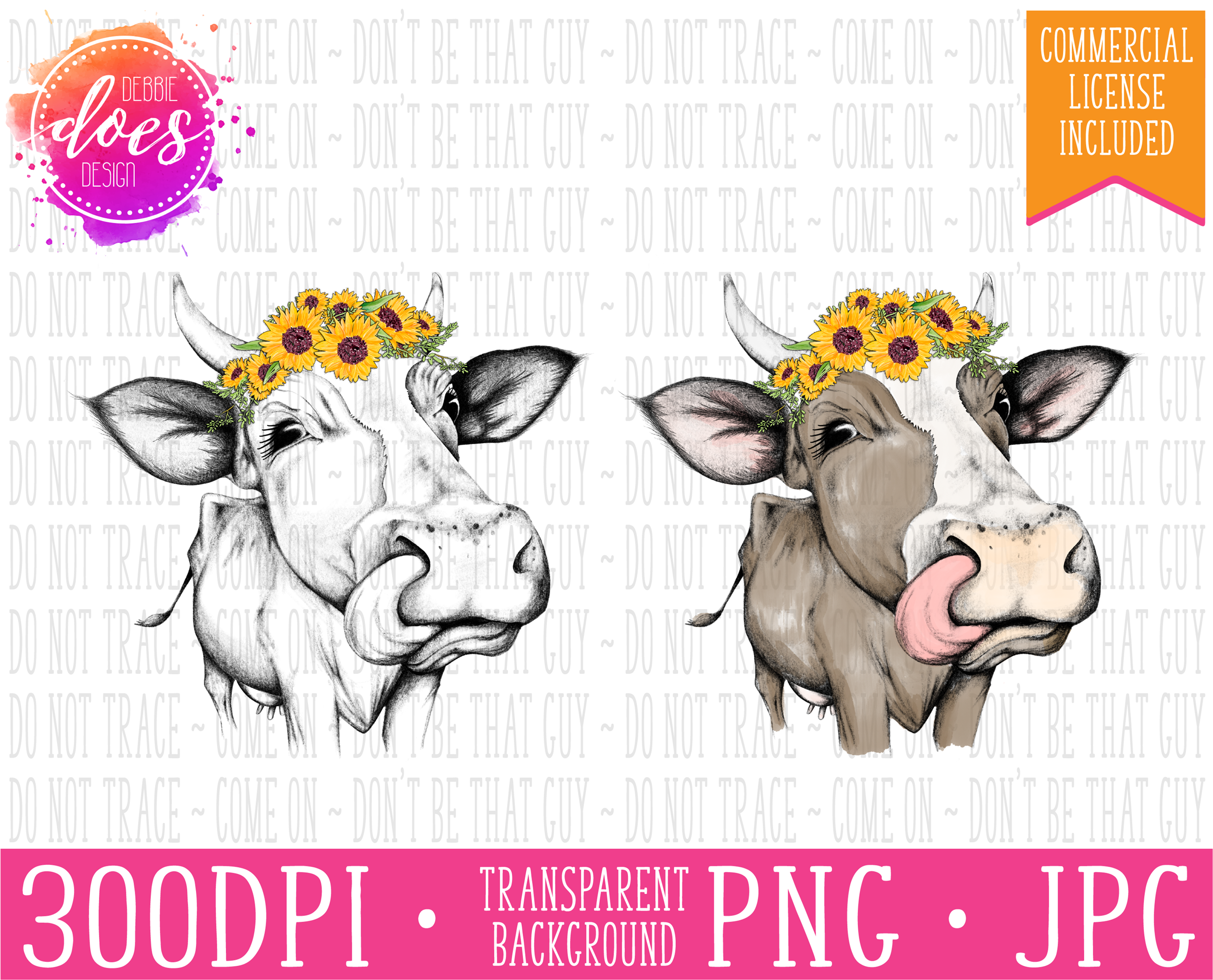 Female/heifer Hand Drawn Cow Sunflowers/horns/tongue - Drawing (3000x2000), Png Download
