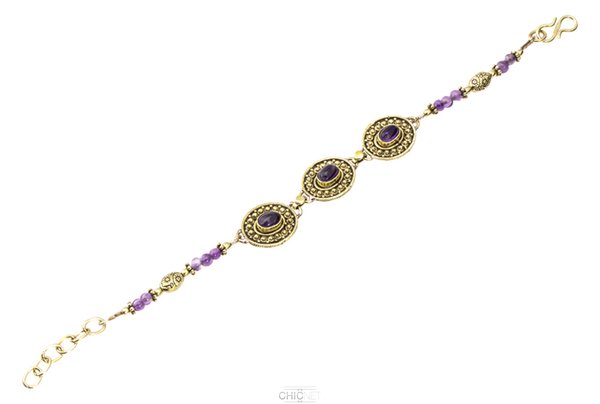 Brass Bracelet Golden Oval Circles Amethyst Points - Chain (600x404), Png Download