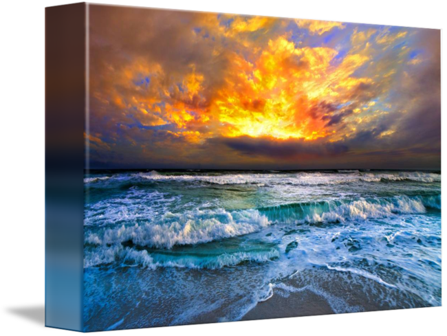 Red Over Ocean Orange And Waves By - Painting Of Sky And Sea (650x489), Png Download