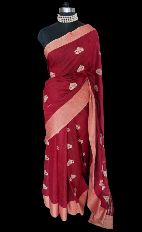 Organic Eri Silk Saree In Maroon Accentuated With Muga - Silk (498x813), Png Download