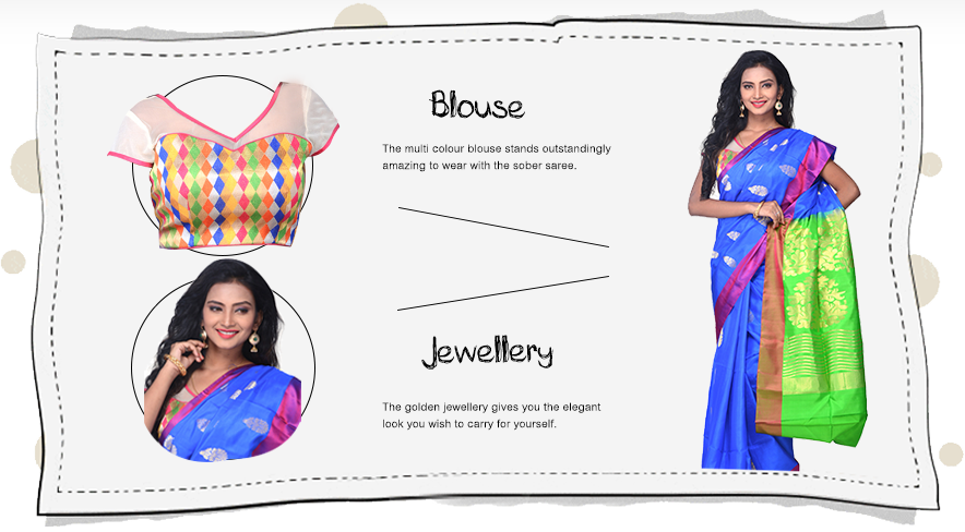 Blue Kanjivaram Saree With Brocade Blouse And Elegant - Collar Blouse Kanjeevaram Saree (884x488), Png Download