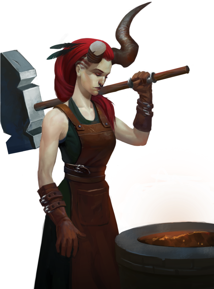 #tiefling #redhair #demon #blacksmith #hammer #horns - D&d Tiefling Blacksmith (746x1070), Png Download