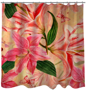 Seamless Golden Pattern With Watercolor Lilies And - Tender Pink Lilies And Butterflies Round Pill Box/pill (400x400), Png Download