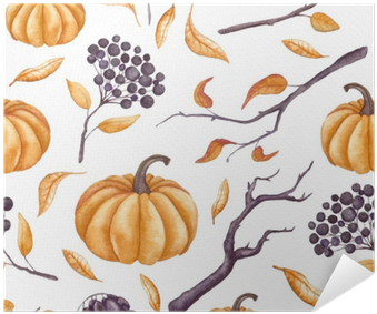 Seamless Pattern Of Watercolor Pumpkins, Leaves And - Watercolor Painting (400x400), Png Download
