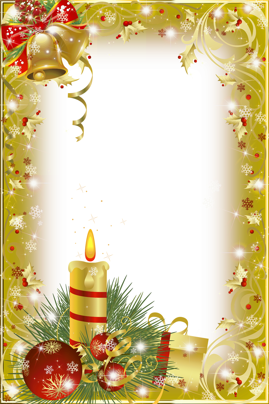 Christmas Frame With Bells And Candle And Ornament - Gold Christmas Frame Png (1067x1600), Png Download