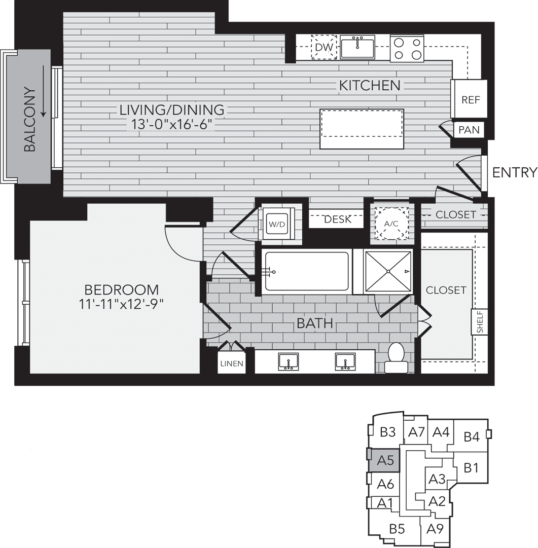 A5 Houston One Bedroom Apartment Floor Plan - Floor Plan (1061x1081), Png Download