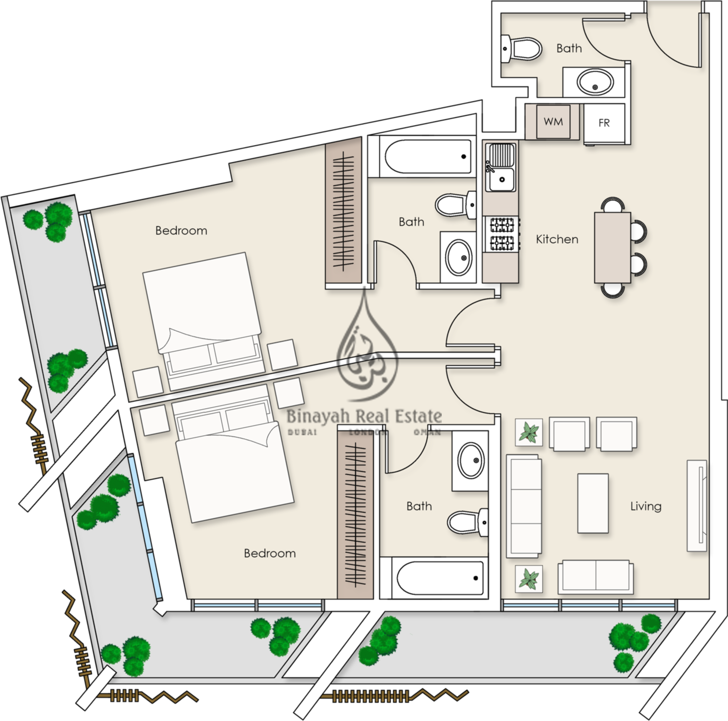 Platinum Residences 2 Bedroom Apartment Type 1 Floor - Floor Plan Dubai Apartment (1422x1408), Png Download