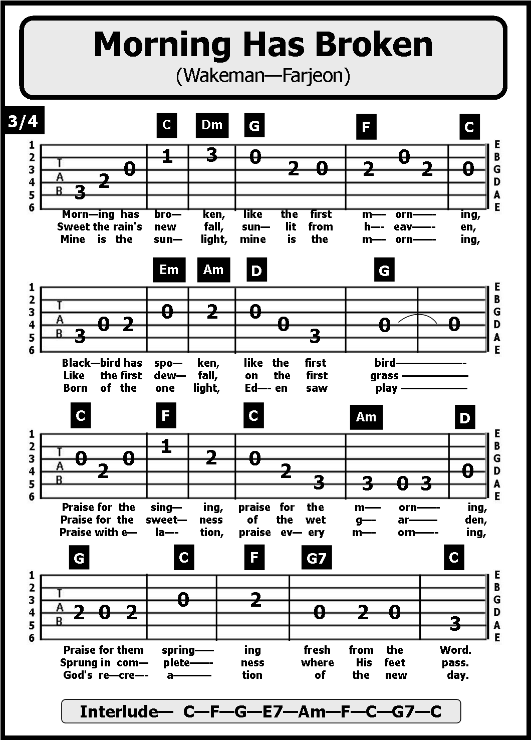 Banner Freeuse Stock Guitar Tab Songs Morning Has - Morning Has Broken Key Notes (1069x1485), Png Download