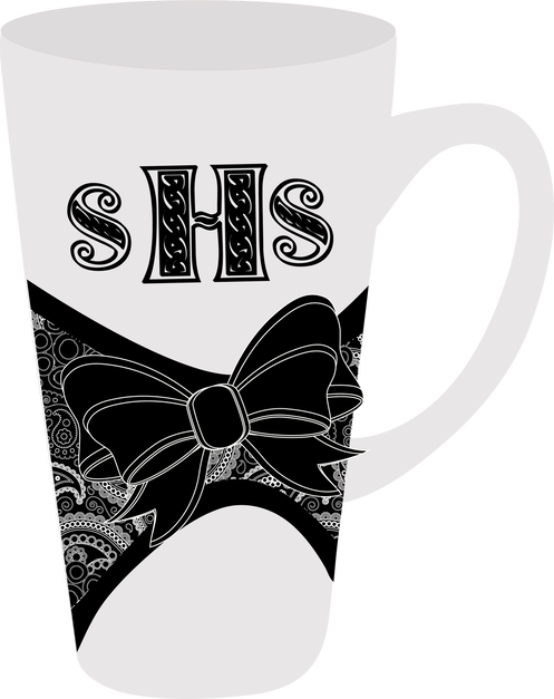 Monogrammed Latte Mug Black Lace Ribbon Bow Monogram - Coffee Cup (497x627), Png Download