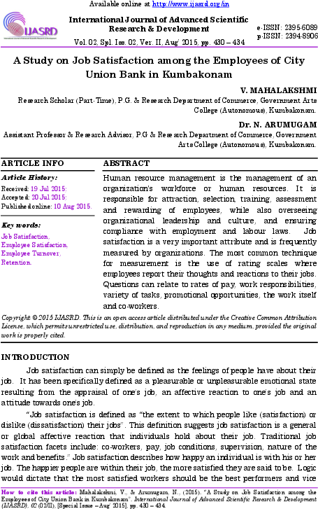 Download A Study On Job Satisfaction Among The Employees Of