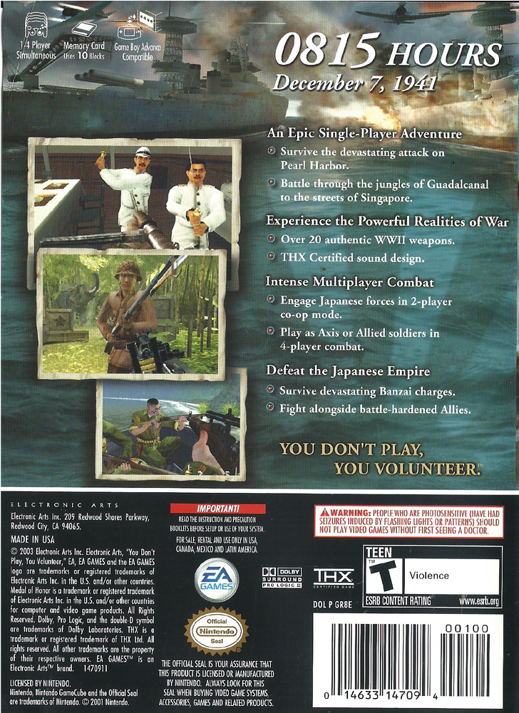 Medal Of Honor Rising Sun Back - Gamecube (1000x1000), Png Download