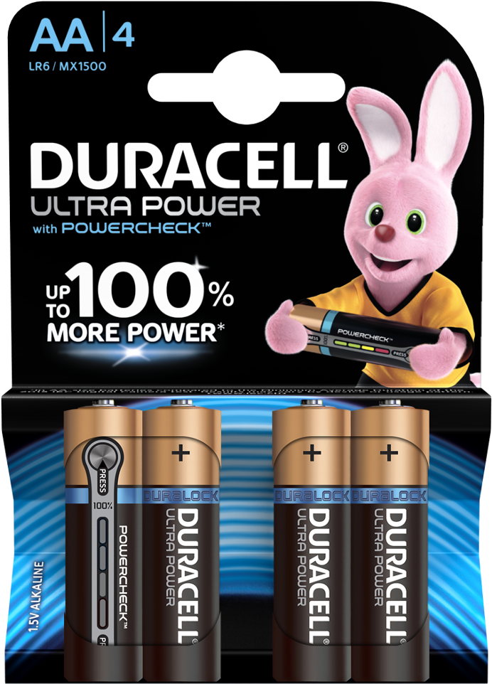 Ultra Power Alkaline Aa Batteries - Duracell Ultra Power Aa Batteries 4 Pack (1000x1000), Png Download