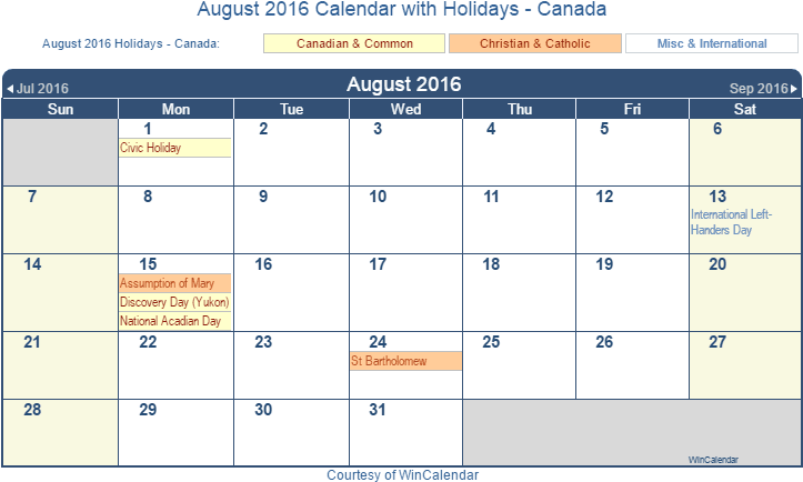 August 2016 Calendar With Canada Holidays - Holidays In August Canada (728x445), Png Download