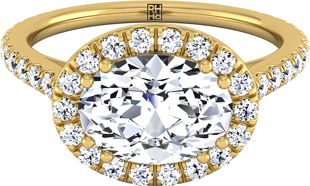 Oval Shape Diamond Halo Engagement Ring East West With - East West Oval Rose Gold Engagement Ring (1400x1400), Png Download