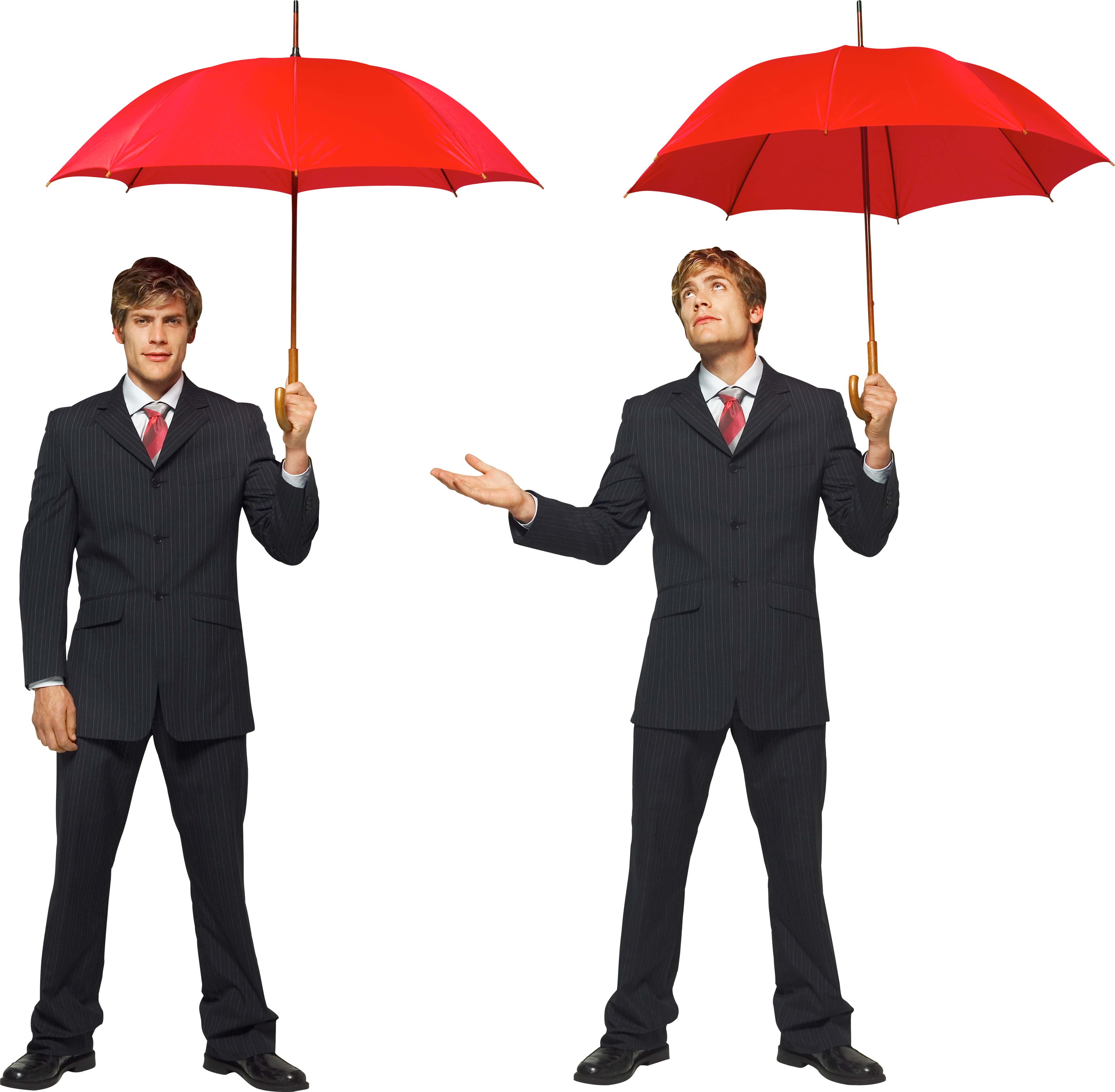 Two Male Twins Businessman Under Red Umbrellas Png (3865x3786), Png Download