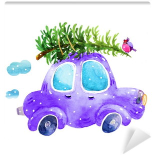 Watercolor Winter Retro Car With Christmas Tree And - Christmas Tree On Car Drawing (400x400), Png Download