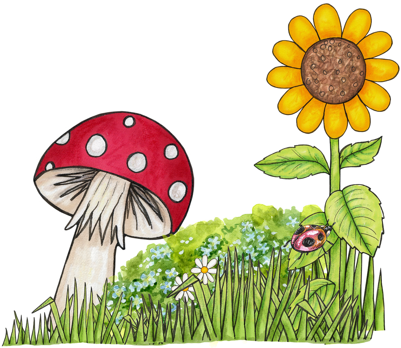 Mushroom N Sunflower, Sun, Sunflower, Nature, Mushroom, - Toadstool Clip Art Free (1280x1111), Png Download