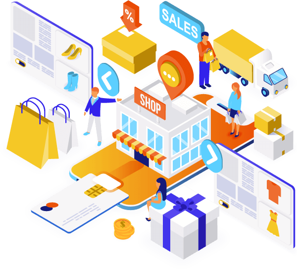 E-commerce Solutions - Isometric Design Online Shop (600x543), Png Download