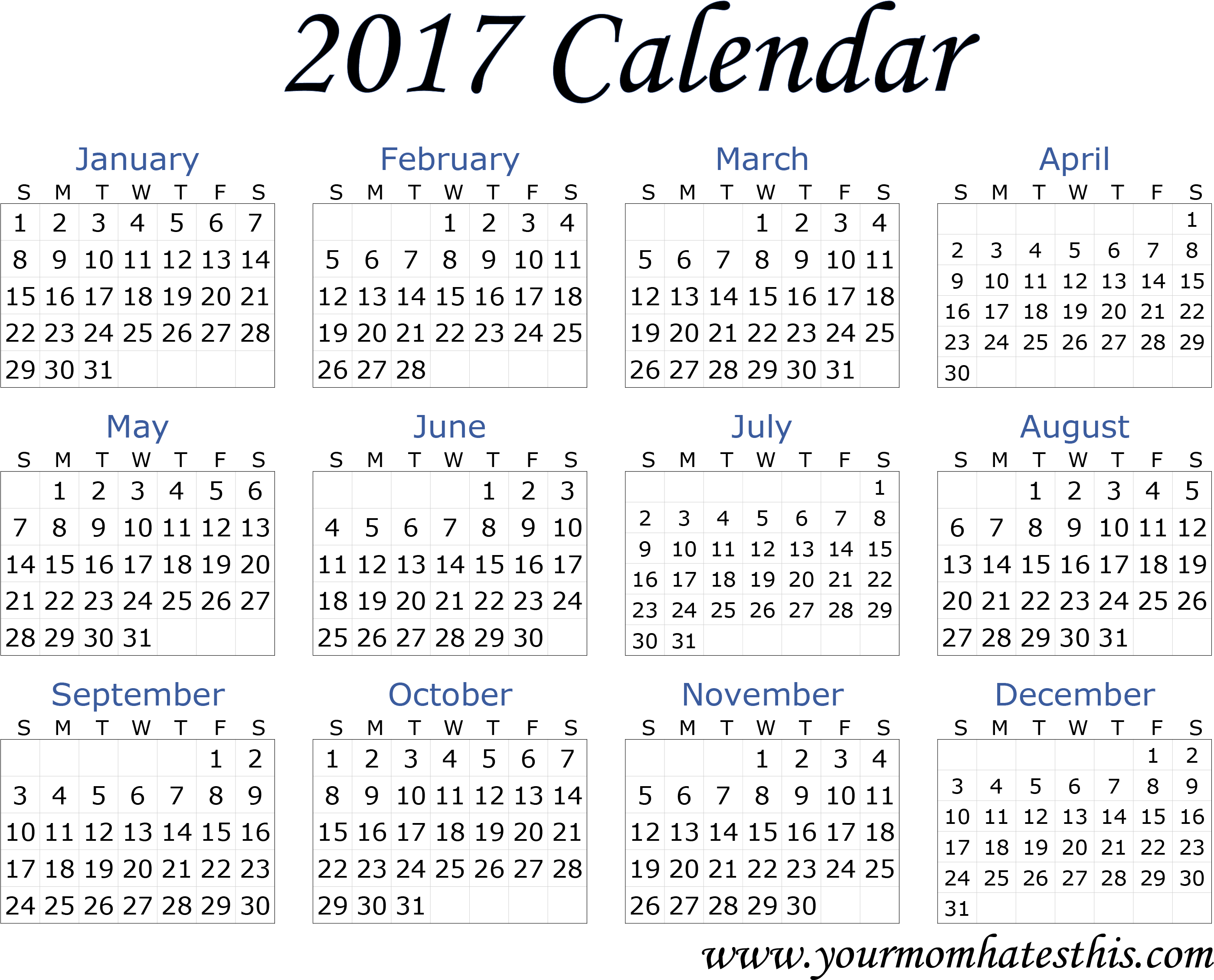 2017 Calendar Download - Printable 2019 Yearly Calendar (3061x2378), Png Download