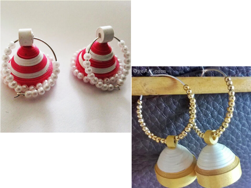 Paper Quilling Earrings White Pink Jhumka And Gold - New Jhumka Paper Quilling Earrings (800x800), Png Download