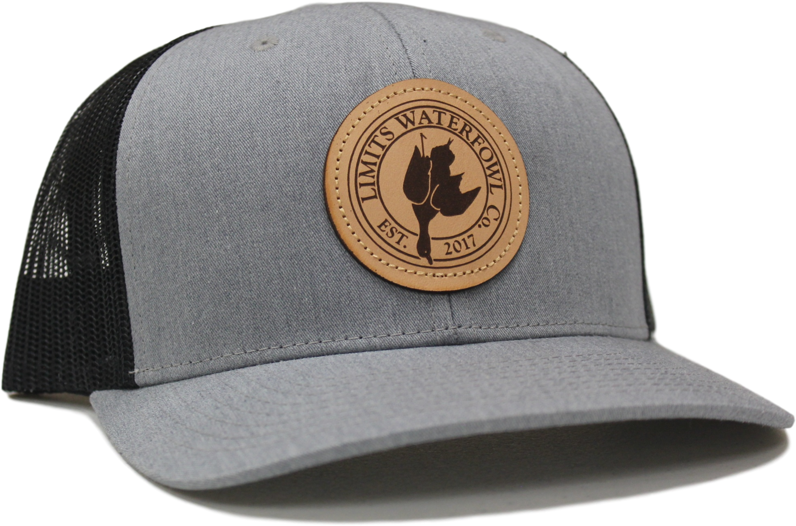 Download Leather Patch Logo Trucker Gray And Black Hat Limits Baseball Cap Png Image With No Background Pngkey Com