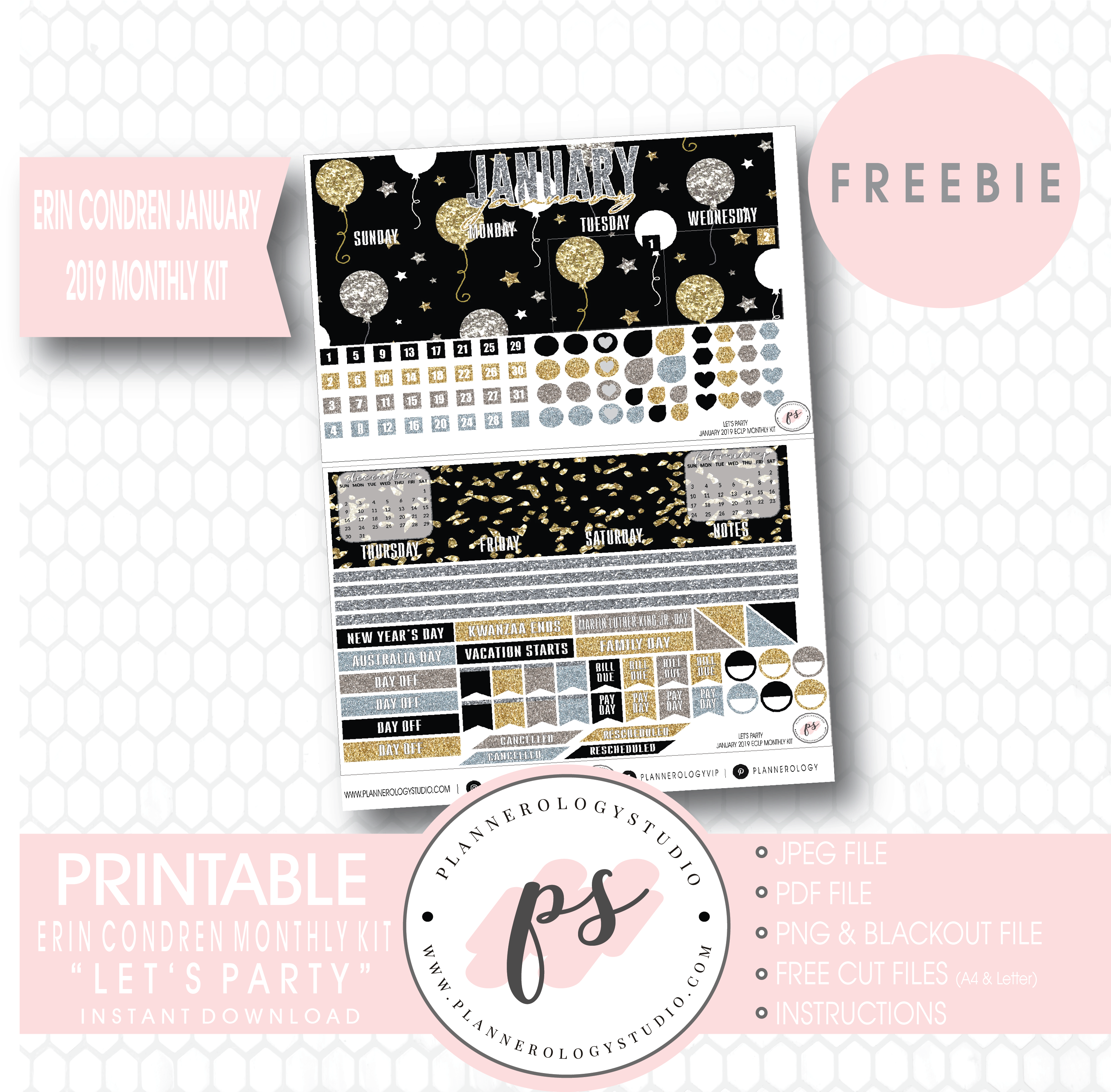 Let's Party Eclp Erin Condren January 2019 Monthly - Stickers January 2019 (3067x3000), Png Download