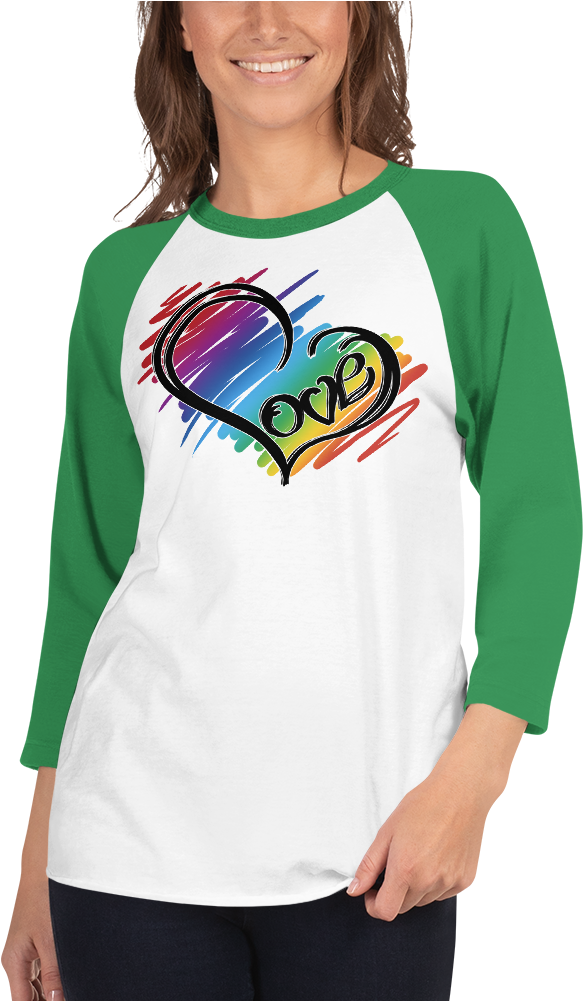 Rainbow Love Heart 3/4 Sleeve Raglan Shirt - Raglan Sleeve (1000x1000), Png Download