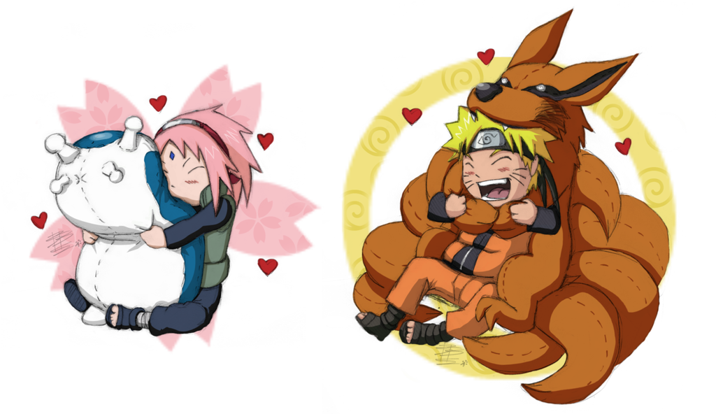Naruto And Sakura Peluches Hugs Colored Sketch By Bollybauf - Sakura And Kurama (1024x592), Png Download