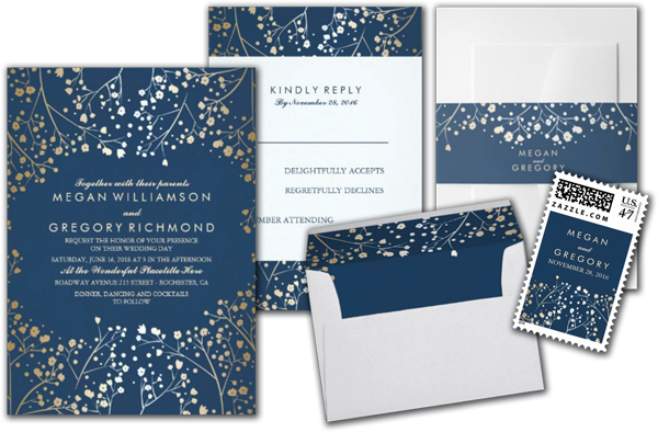 Baby's Breath Gold Foil Navy Wedding Invitations Suite - Der Atem-einfache Hochzeit Des Marine-und Karte (600x394), Png Download