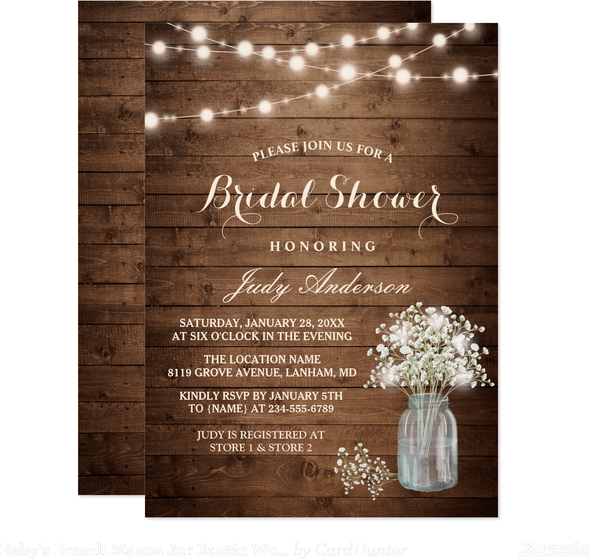 Baby's Breath Mason Jar Rustic Wood Bridal Shower Card Rustic