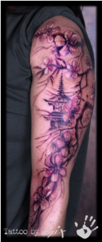 Cherry Blossom Temple Japanese Arm Color Arm - Tattoo Temple Cherry Blossoms (450x340), Png Download