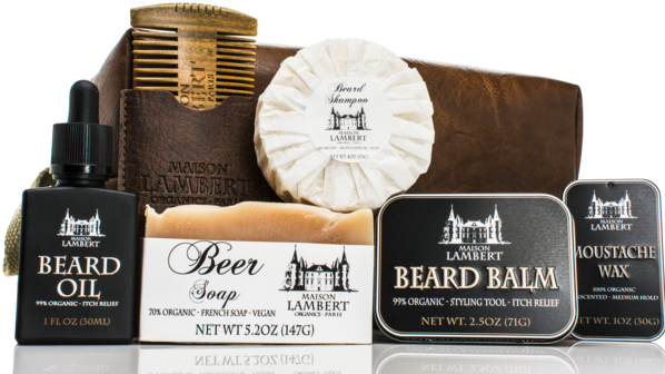 Maison Lambert Organic Beard Kit In Pu Leather Bag - Beard Oil (600x594), Png Download