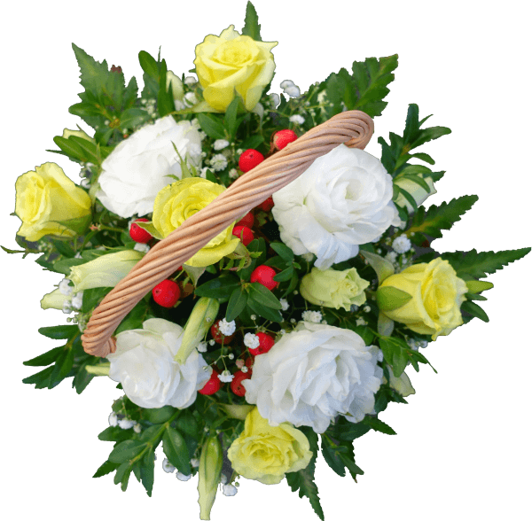 Yellow Rose And White Lisianthus Flower Basket - Floribunda (600x588), Png Download