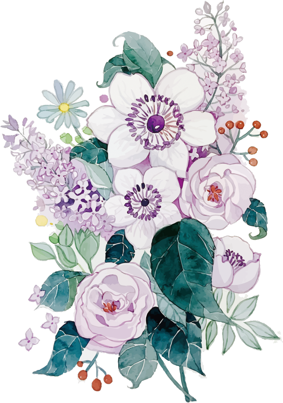 Boquet Sticker - Purple Watercolor Flowers Vector (1024x1365), Png Download