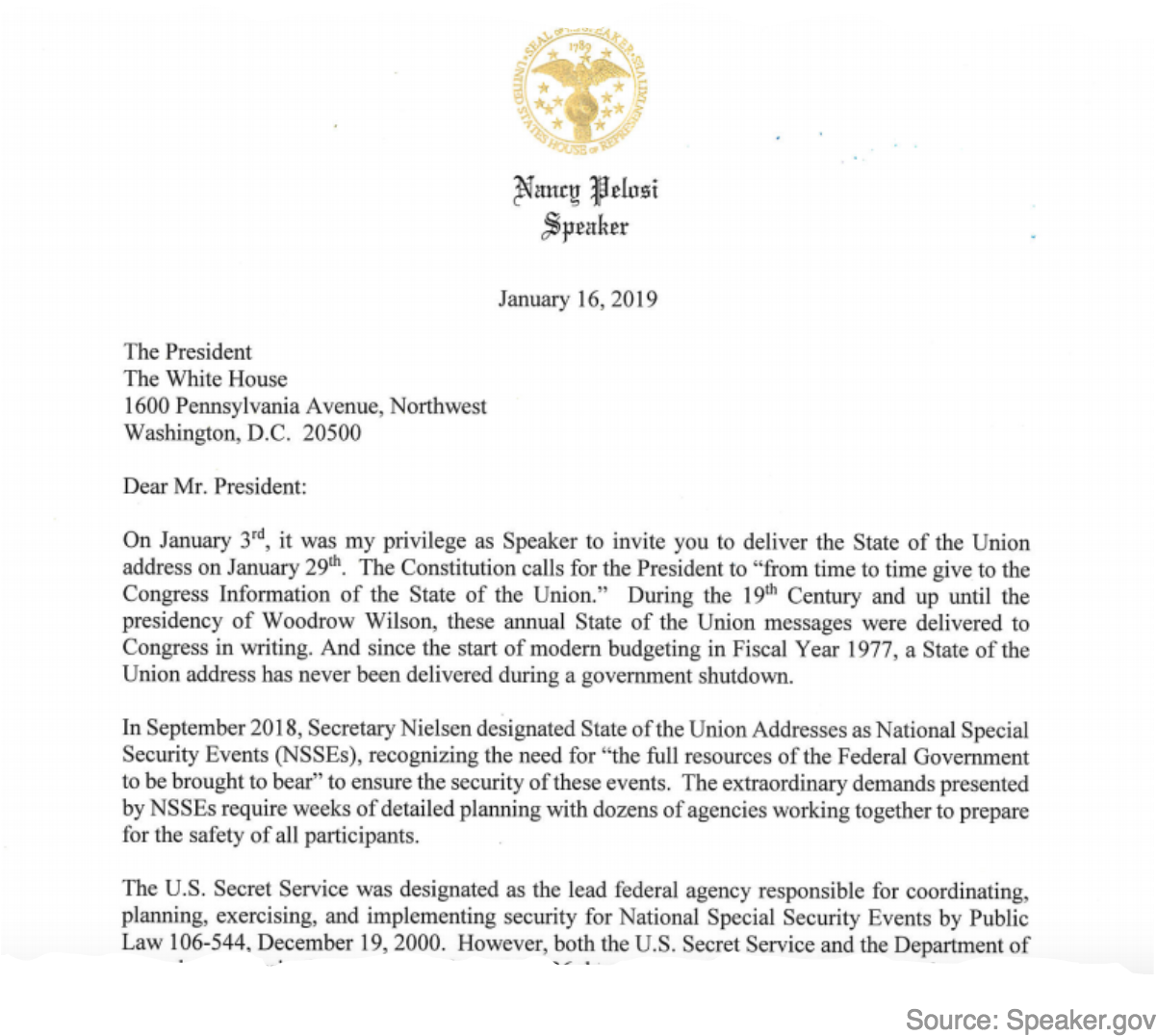 The Lead Agency In Charge Of Sotu Security, The Us - Letter From Pelosi To Trump (1240x1091), Png Download
