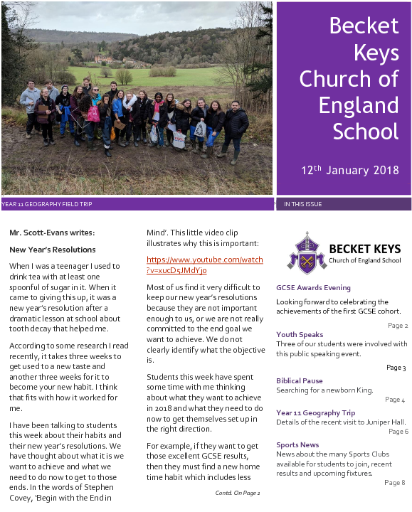 2018 01 12 - Becket Keys Church Of England School (612x792), Png Download