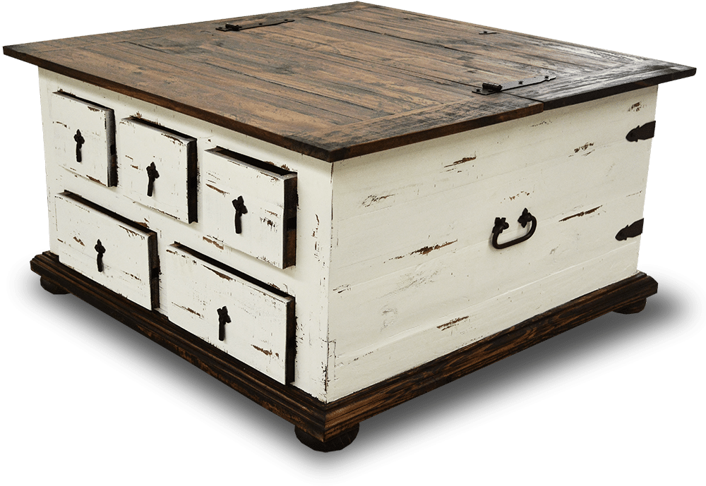 Cottage Rustic Five Drawer Storage Trunk Table Distressed - Distressed White Pine Table (1000x720), Png Download